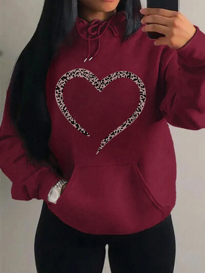 Imprimare leopard Inimă Imprimare creativă Hanorac pentru femei Moda Multicolor Pulover Casual Street Pulover Fleece Buzunar Topuri pentru femei