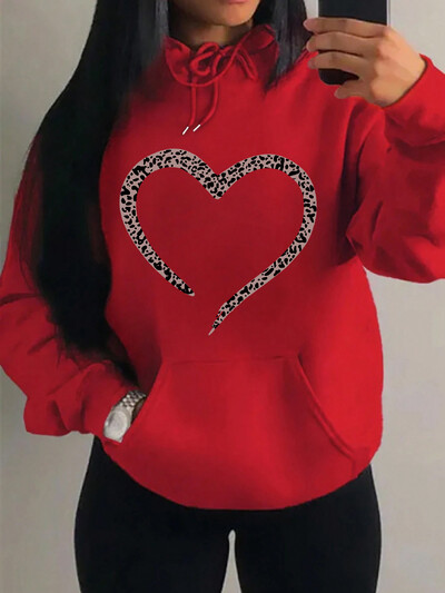 Imprimare leopard Inimă Imprimare creativă Hanorac pentru femei Moda Multicolor Pulover Casual Street Pulover Fleece Buzunar Topuri pentru femei