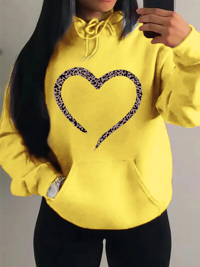 Imprimare leopard Inimă Imprimare creativă Hanorac pentru femei Moda Multicolor Pulover Casual Street Pulover Fleece Buzunar Topuri pentru femei