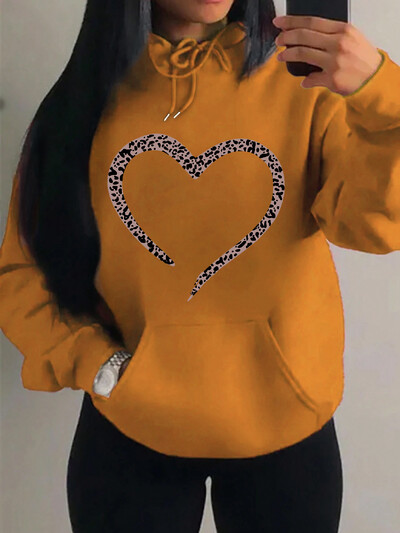 Imprimare leopard Inimă Imprimare creativă Hanorac pentru femei Moda Multicolor Pulover Casual Street Pulover Fleece Buzunar Topuri pentru femei
