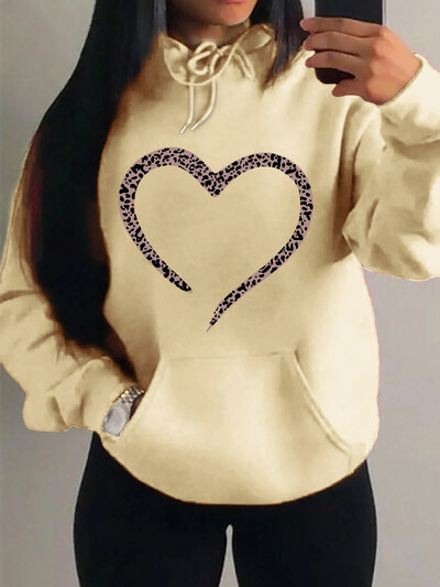 Imprimare leopard Inimă Imprimare creativă Hanorac pentru femei Moda Multicolor Pulover Casual Street Pulover Fleece Buzunar Topuri pentru femei