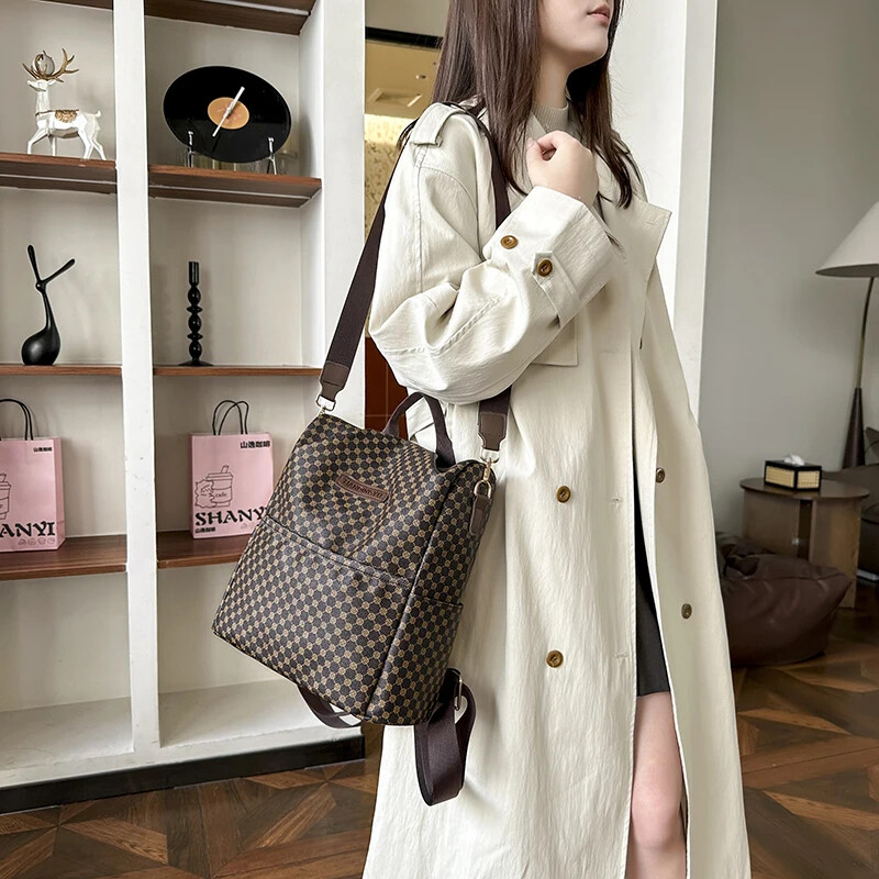 Rucsac vintage în carouri cu blocuri de culoare Rucsac de designer de capacitate mare pentru femei, rucsac antifurt pentru femei