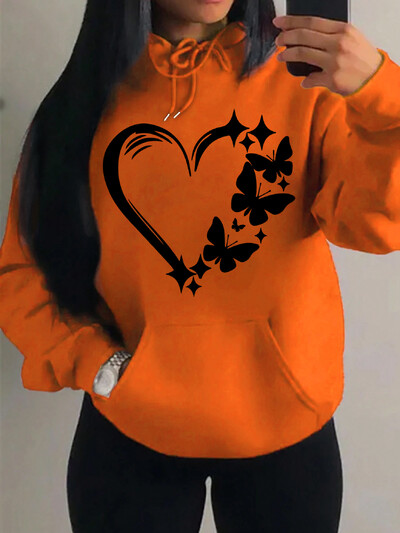 Mīlestības un tauriņu raksta džemperis Sieviešu Hip Hop Ielas kapuces Moderns kabatas apģērbs Vintage daudzkrāsains kapuci