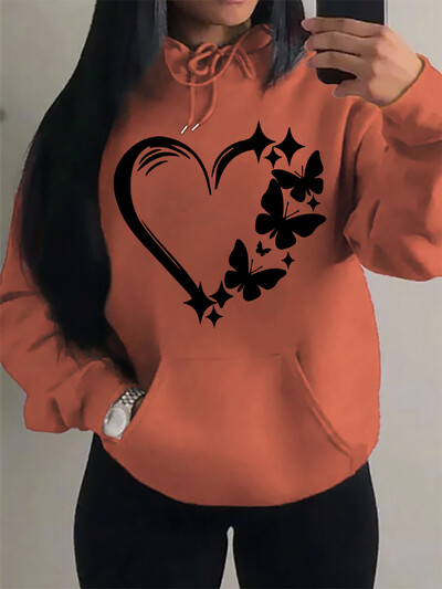 Mīlestības un tauriņu raksta džemperis Sieviešu Hip Hop Ielas kapuces Moderns kabatas apģērbs Vintage daudzkrāsains kapuci