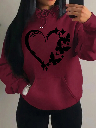 Mīlestības un tauriņu raksta džemperis Sieviešu Hip Hop Ielas kapuces Moderns kabatas apģērbs Vintage daudzkrāsains kapuci