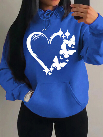 Mīlestības un tauriņu raksta džemperis Sieviešu Hip Hop Ielas kapuces Moderns kabatas apģērbs Vintage daudzkrāsains kapuci