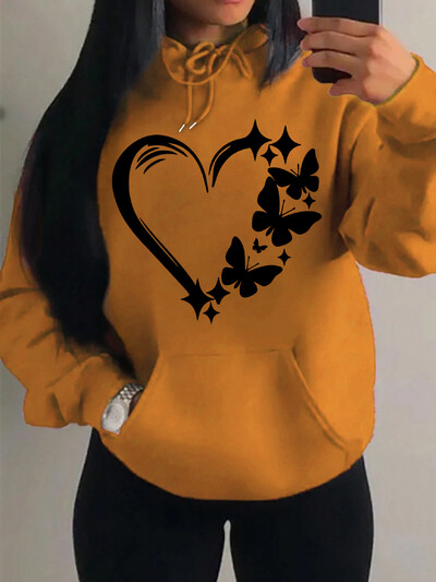 Mīlestības un tauriņu raksta džemperis Sieviešu Hip Hop Ielas kapuces Moderns kabatas apģērbs Vintage daudzkrāsains kapuci