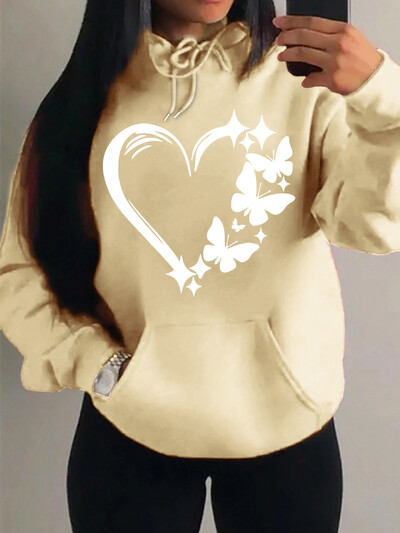 Mīlestības un tauriņu raksta džemperis Sieviešu Hip Hop Ielas kapuces Moderns kabatas apģērbs Vintage daudzkrāsains kapuci