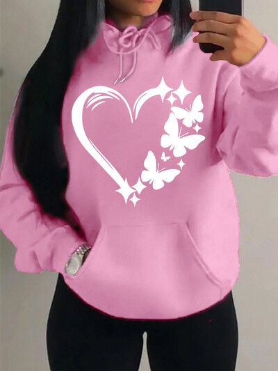 Mīlestības un tauriņu raksta džemperis Sieviešu Hip Hop Ielas kapuces Moderns kabatas apģērbs Vintage daudzkrāsains kapuci