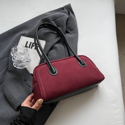 Genți de umăr de culoare burgundă pentru femei din piele intoarsa de capacitate mare naveta bowling geanta Boston 2024 iarna ultimele tendinte genti de mana femei