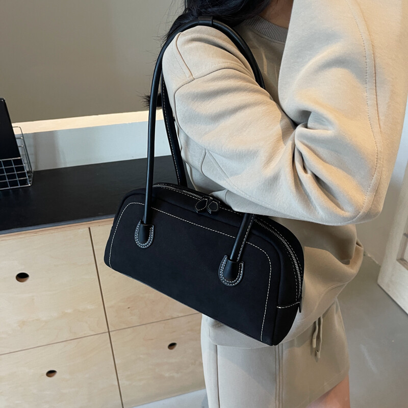 Genți de umăr de culoare burgundă pentru femei din piele intoarsa de capacitate mare naveta bowling geanta Boston 2024 iarna ultimele tendinte genti de mana femei