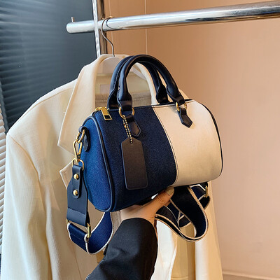 Genți de mână vintage din denim, patchworks, geantă Boston moale, de mare capacitate pentru femei, ocazional, pachet crossbody pentru petrecere a timpului liber, genți de umăr albastre