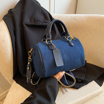 Genți de mână vintage din denim, patchworks, geantă Boston moale, de mare capacitate pentru femei, ocazional, pachet crossbody pentru petrecere a timpului liber, genți de umăr albastre