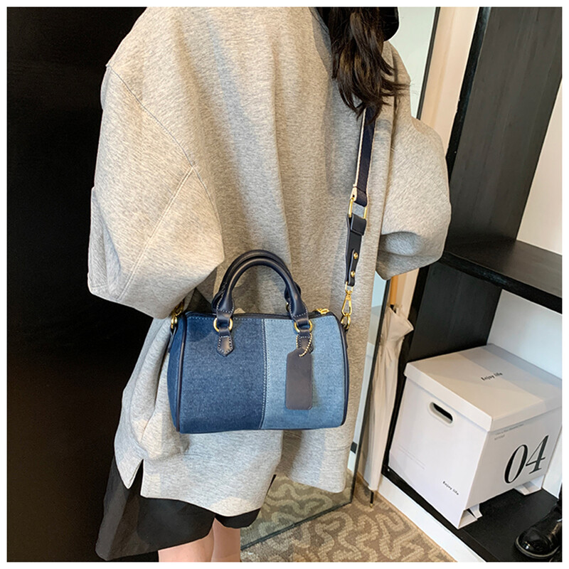 Genți de mână vintage din denim, patchworks, geantă Boston moale, de mare capacitate pentru femei, ocazional, pachet crossbody pentru petrecere a timpului liber, genți de umăr albastre