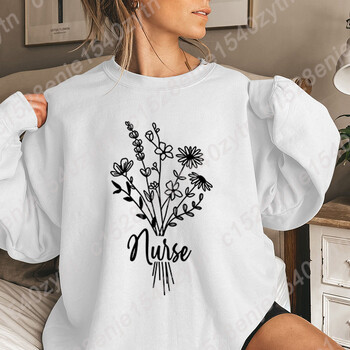 Nurse Flower Print Φούτερ χωρίς κουκούλα Μόδα γυναικεία ρούχα Casual Μακρυμάνικα χειμωνιάτικο φθινοπωρινό πουλόβερ Γυναικείες μπλούζες καθαρού χρώματος