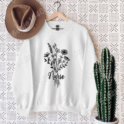 Hanorac fără glugă cu imprimeu de flori pentru asistentă, haine pentru femei, ocazional, cu mâneci lungi, iarnă, toamnă, pulover pentru femei, topuri de culoare pură