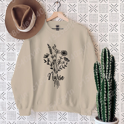 Hanorac fără glugă cu imprimeu de flori pentru asistentă, haine pentru femei, ocazional, cu mâneci lungi, iarnă, toamnă, pulover pentru femei, topuri de culoare pură