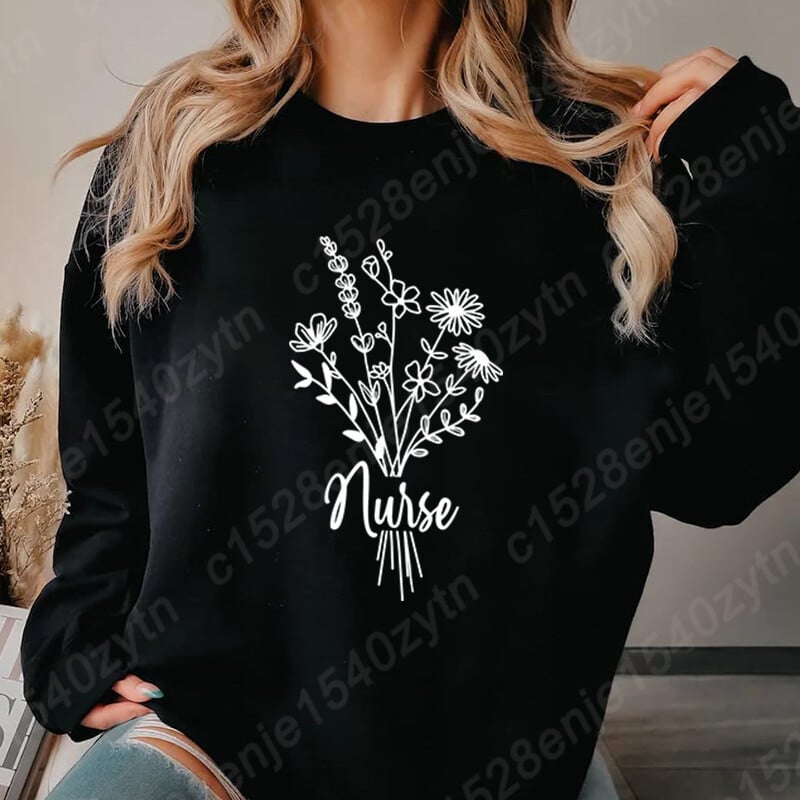 Hanorac fără glugă cu imprimeu de flori pentru asistentă, haine pentru femei, ocazional, cu mâneci lungi, iarnă, toamnă, pulover pentru femei, topuri de culoare pură