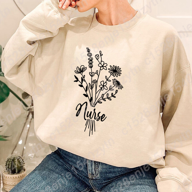 Hanorac fără glugă cu imprimeu de flori pentru asistentă, haine pentru femei, ocazional, cu mâneci lungi, iarnă, toamnă, pulover pentru femei, topuri de culoare pură