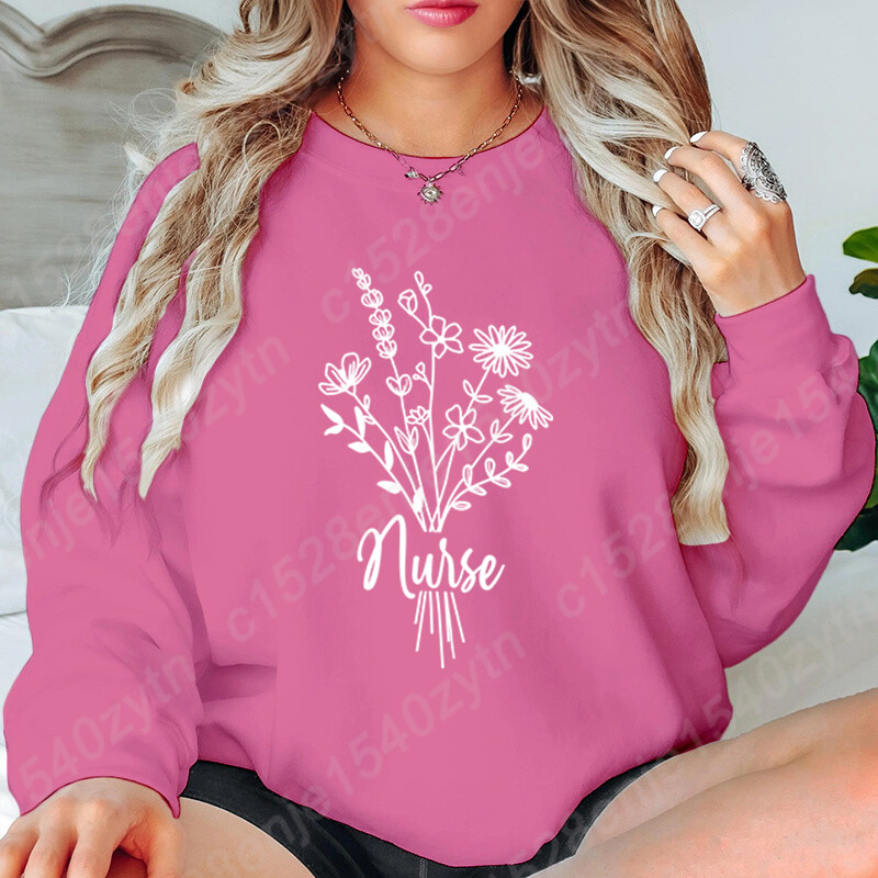 Hanorac fără glugă cu imprimeu de flori pentru asistentă, haine pentru femei, ocazional, cu mâneci lungi, iarnă, toamnă, pulover pentru femei, topuri de culoare pură