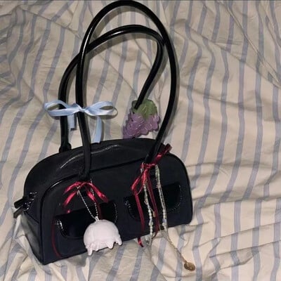 Xiuya kórejská módna dámska kabelka cez rameno, čisto čierna, imitácia semišu, bowlingová kabelka, ležérna luxusná vintage kabelka z roku 2024, Boston Tote Bag