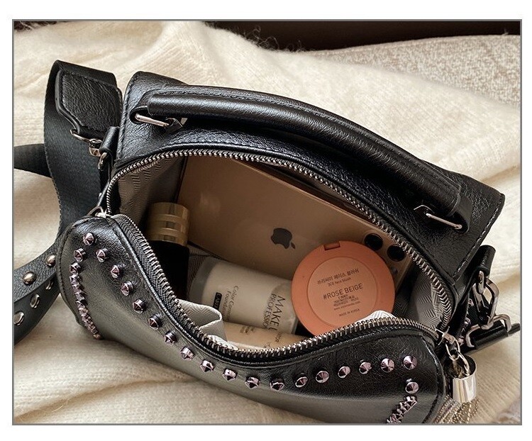 Genți de mână pentru femei cu nituri de modă Genți de umăr pentru femei, cu lanț, cu design cu ciucuri, Genți de mână pentru femei, tote negre Boston