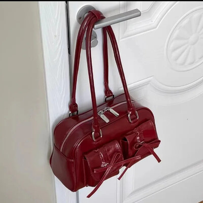 Xiuya srebrna plisirana ženska torba na rame Elegantna nježna korejska modna kožna torbica s mašnom Slatka nova jednostavna ženska bostonska torba