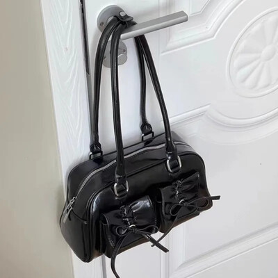 Xiuya srebrna plisirana ženska torba na rame Elegantna nježna korejska modna kožna torbica s mašnom Slatka nova jednostavna ženska bostonska torba