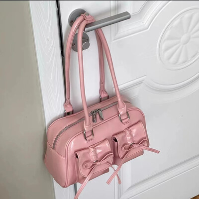 Xiuya srebrna plisirana ženska torba na rame Elegantna nježna korejska modna kožna torbica s mašnom Slatka nova jednostavna ženska bostonska torba