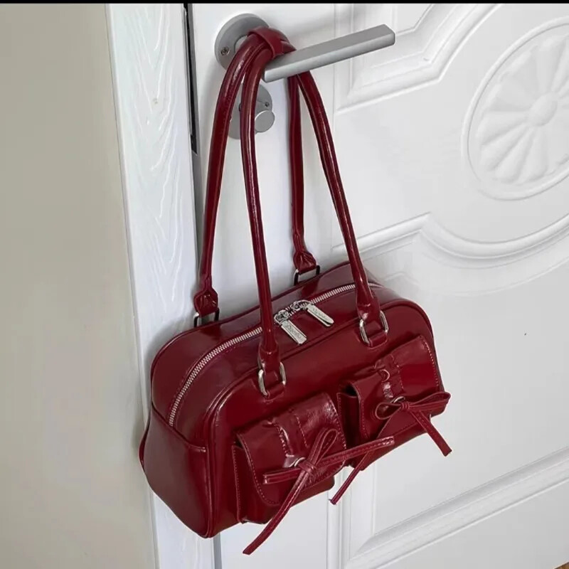 Xiuya srebrna plisirana ženska torba na rame Elegantna nježna korejska modna kožna torbica s mašnom Slatka nova jednostavna ženska bostonska torba