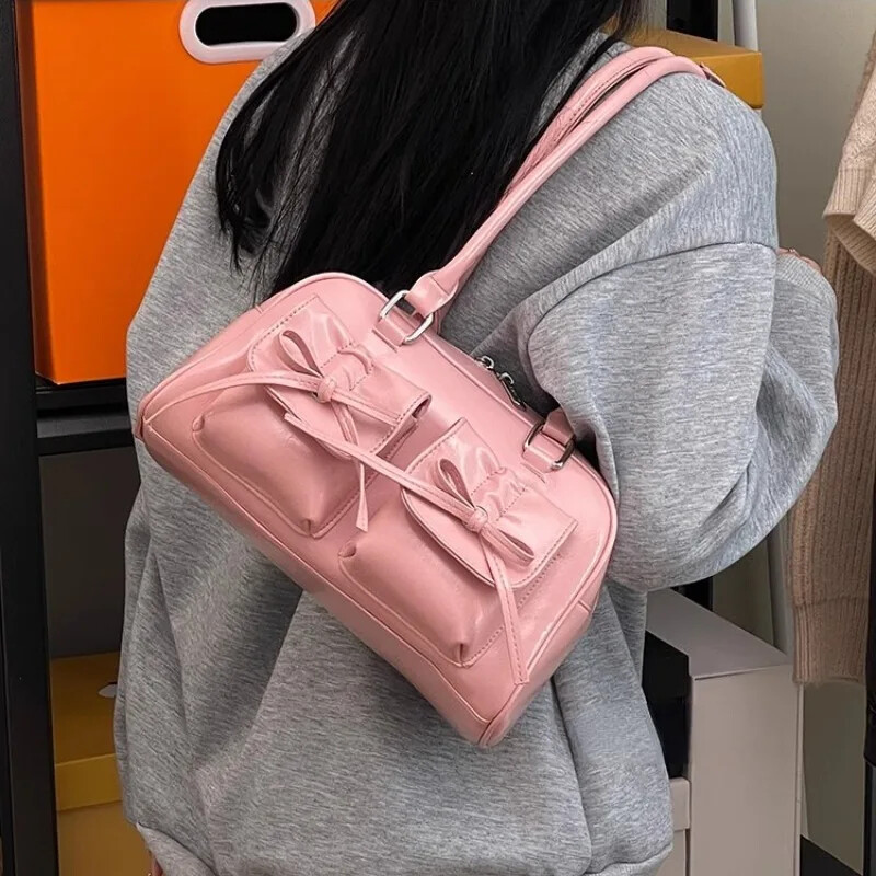 Xiuya srebrna plisirana ženska torba na rame Elegantna nježna korejska modna kožna torbica s mašnom Slatka nova jednostavna ženska bostonska torba