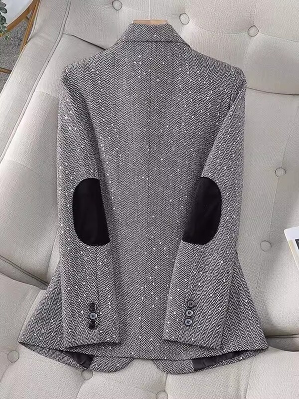 Jachetă de costum profesională de înaltă calitate Top femei, primăvară, toamnă 2024, noua modă coreeană, relaxată și casual, retro, gri cu paiete.