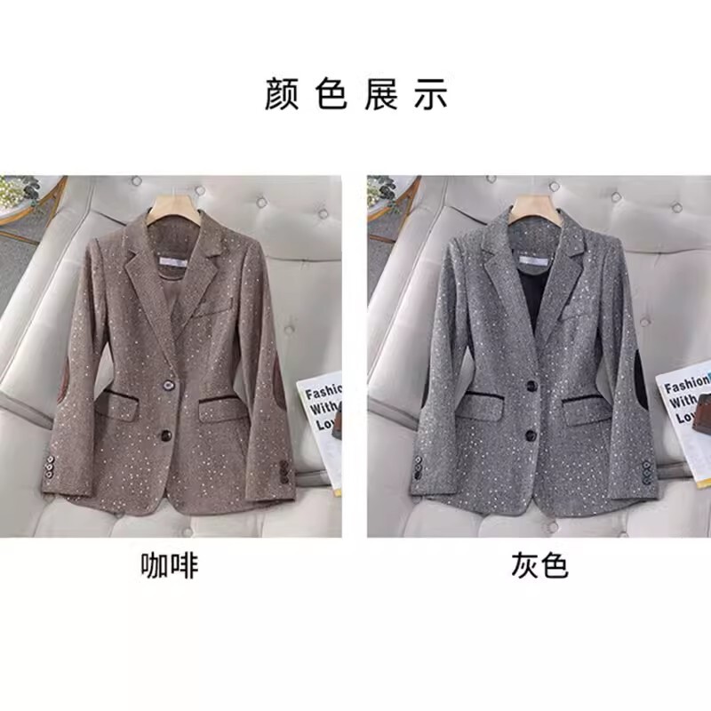 Jachetă de costum profesională de înaltă calitate Top femei, primăvară, toamnă 2024, noua modă coreeană, relaxată și casual, retro, gri cu paiete.