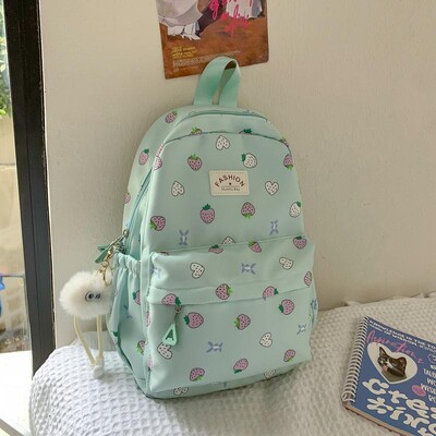 Rucsac cu imprimeu cu căpșuni, nailon rezistent la apă, geantă de umăr antifurt, geantă de școală de mare capacitate pentru fete, rucsac de călătorie