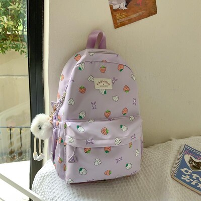 Rucsac cu imprimeu cu căpșuni, nailon rezistent la apă, geantă de umăr antifurt, geantă de școală de mare capacitate pentru fete, rucsac de călătorie