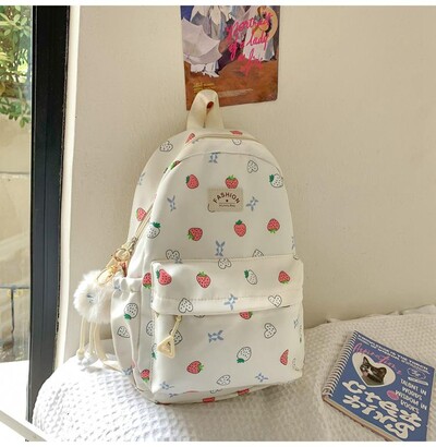 Rucsac cu imprimeu cu căpșuni, nailon rezistent la apă, geantă de umăr antifurt, geantă de școală de mare capacitate pentru fete, rucsac de călătorie