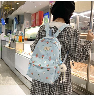 Rucsac cu imprimeu cu căpșuni, nailon rezistent la apă, geantă de umăr antifurt, geantă de școală de mare capacitate pentru fete, rucsac de călătorie