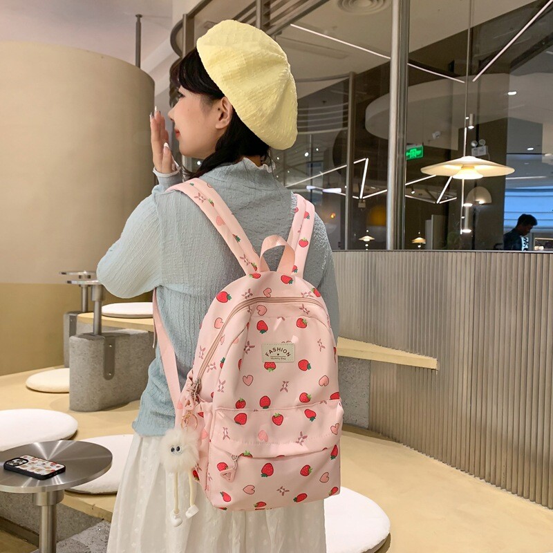 Rucsac cu imprimeu cu căpșuni, nailon rezistent la apă, geantă de umăr antifurt, geantă de școală de mare capacitate pentru fete, rucsac de călătorie
