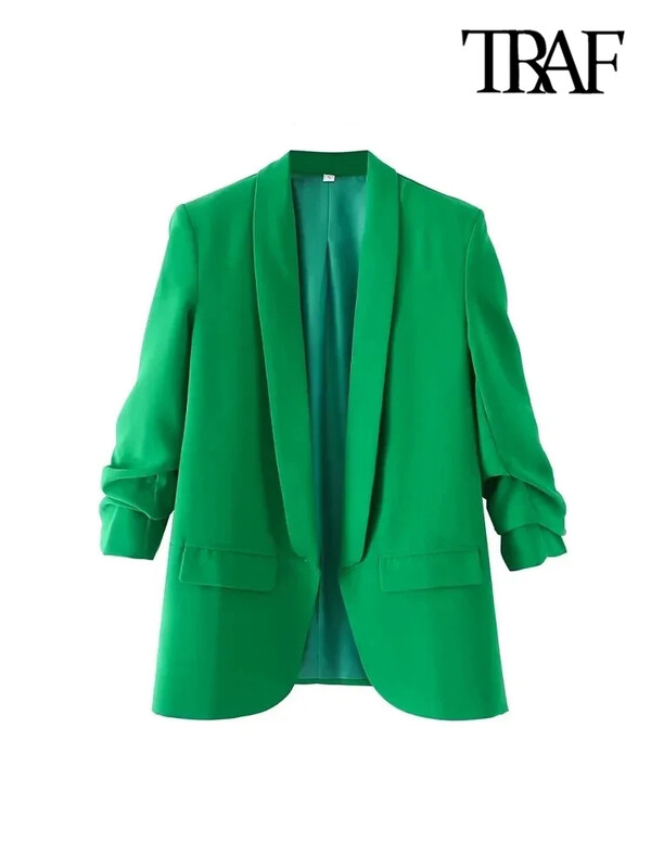 TRAF sieviešu modes biroja apģērbs atvērts žakete mētelis ar garām kroku piedurknēm ar atloku kabatas sieviešu virsdrēbes eleganti topi