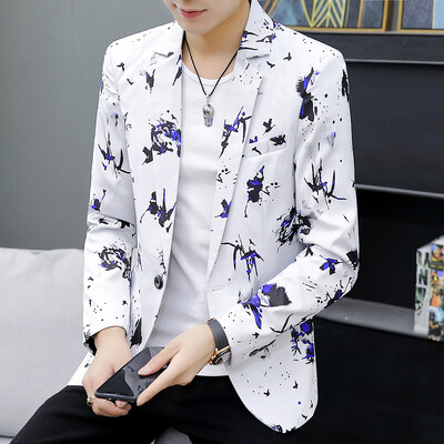 Vīriešu jaka ar baltu apdruku, vienas pogas bleizeri ar V-veida kakla izgriezumu, jaunatnes izskats, stilīgs uzvalks, jaka ar plānu apdruku, liela izmēra S-4XL 5X