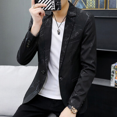 Vīriešu jaka ar baltu apdruku, vienas pogas bleizeri ar V-veida kakla izgriezumu, jaunatnes izskats, stilīgs uzvalks, jaka ar plānu apdruku, liela izmēra S-4XL 5X