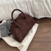 Brūnas zamšādas Boston Bag Sieviešu 2024 Korejas boulinga soma Premium spilvenu soma rokassomiņa Eleganta zamšādas soma daudzpusīga un praktiska