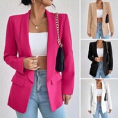 Jachetă elegantă Jachetă de costum pentru femei Culoare uni Guler răsturnat Manecă lungă Nasturi Blazer Îmbrăcăminte exterioară