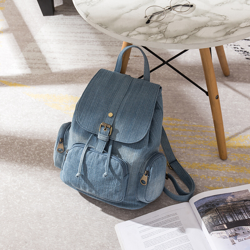 Rucsac mic de blugi pentru fete adolescente New College Fashion Geanta de umar de voiaj Rucsaci pentru femei Genti de scoala Mochila rucsac albastru