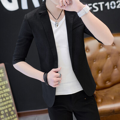 Costum mic de vară 2024 pentru bărbați, versiunea coreeană, top cu mâneci în șapte puncte, costum britanic, frumos, cu mâneci, culoare solidă, jachetă subțire