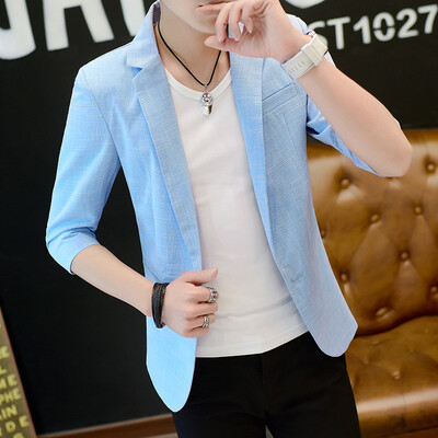 Costum mic de vară 2024 pentru bărbați, versiunea coreeană, top cu mâneci în șapte puncte, costum britanic, frumos, cu mâneci, culoare solidă, jachetă subțire