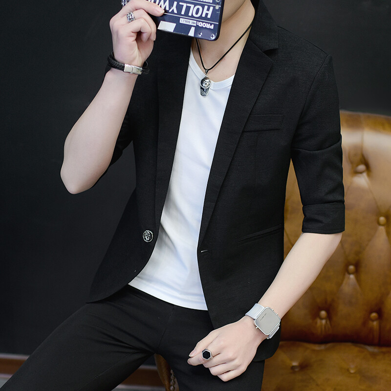 Costum mic de vară 2024 pentru bărbați, versiunea coreeană, top cu mâneci în șapte puncte, costum britanic, frumos, cu mâneci, culoare solidă, jachetă subțire