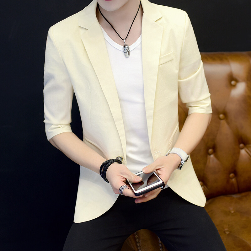 Costum mic de vară 2024 pentru bărbați, versiunea coreeană, top cu mâneci în șapte puncte, costum britanic, frumos, cu mâneci, culoare solidă, jachetă subțire