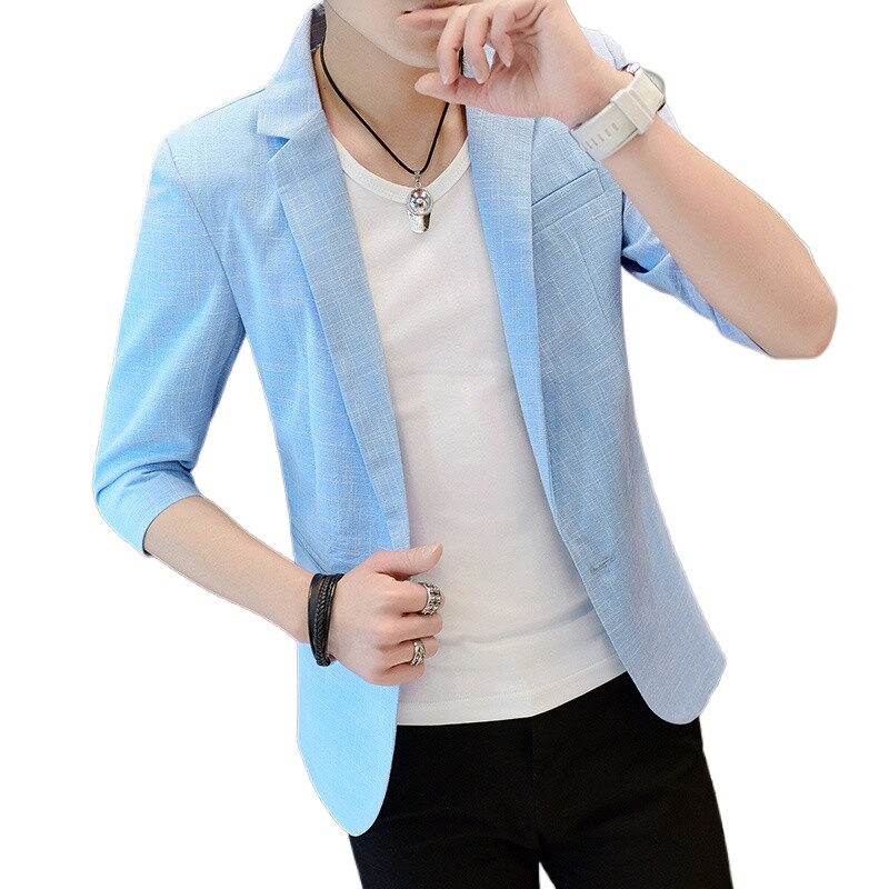 Costum mic de vară 2024 pentru bărbați, versiunea coreeană, top cu mâneci în șapte puncte, costum britanic, frumos, cu mâneci, culoare solidă, jachetă subțire