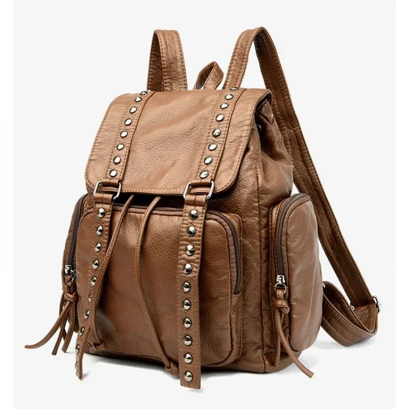 2025 m. Nauja PU prabangi kuprinė, moteriškas kniedinis krepšys su užtrauktuku Naujas nuo vagystės kuprinės laisvalaikiui didelės talpos studentų krepšys Bolso De Mujer